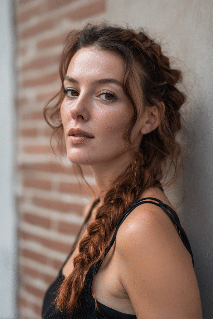 American woman with loose braid in auburn, brick wall, trendy outfit, Instagram-style.