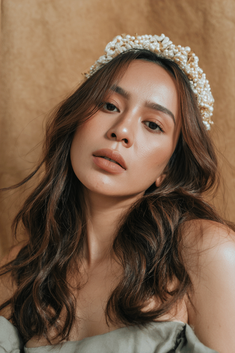 A stunning young woman in her 20s with natural skin tone, showcasing a homecoming hairstyle with a pearl headband, featuring loose waves accented with a pearl headband, captured in a close-up shot focusing on the hair, photographed against a seamless warm sage backdrop with a glossy sheen. She has subtle makeup, a chic homecoming dress, realistic hair texture, warm skin tone, and a confident expression, captured with soft natural lighting and an Instagram-style beauty vibe.