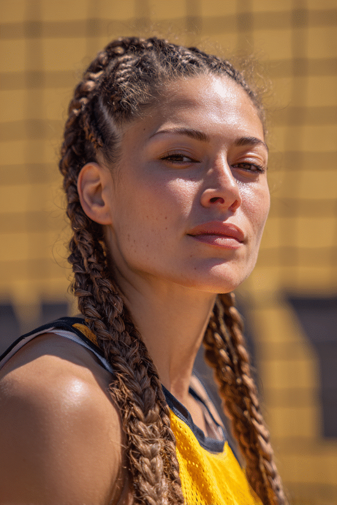 A vibrant female athlete in her 20s with shoulder-to-waist-length hair, styled in all-back cornrows gathered into an updo for protection, captured in a close-up shot focusing on the hair, photographed against a seamless warm gold backdrop with a glossy sheen. She has subtle makeup, a volleyball uniform, a warm skin tone, and a confident expression, captured with bright natural lighting and a sporty vibe.