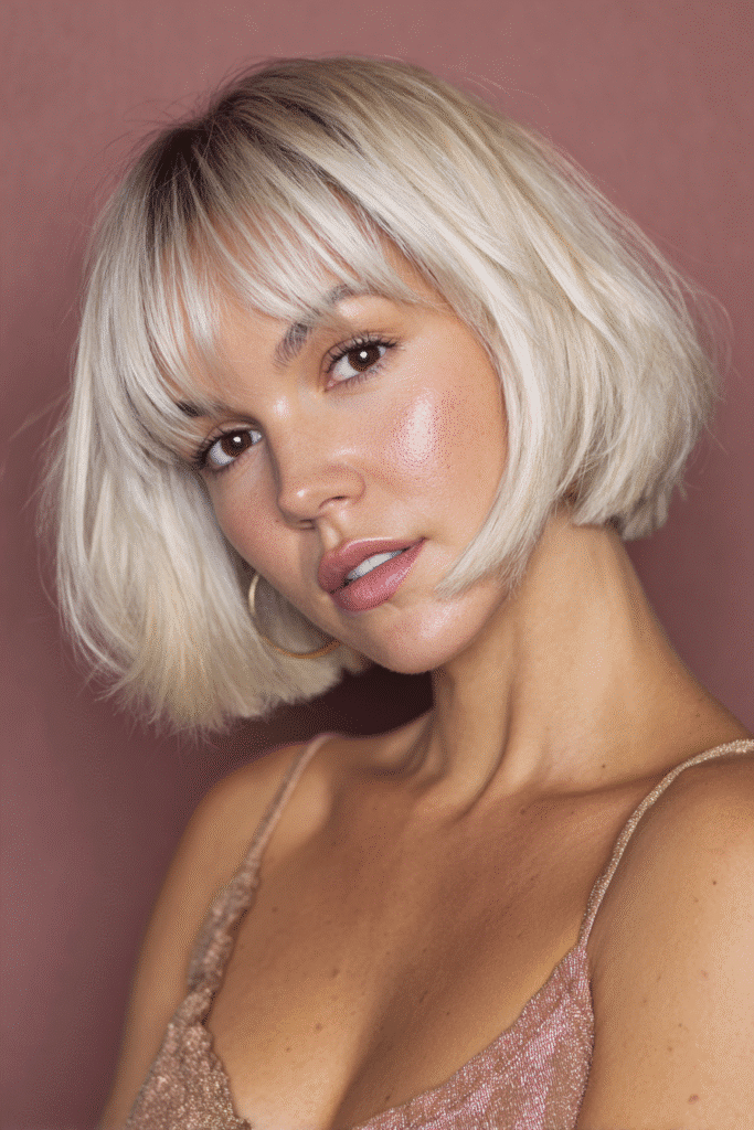 A vibrant American female model with thin hair, showcasing a Bob Cut For Thin Hair with an angled bob and silver blonde to add dimension, captured in a close-up shot focusing on the hair, photographed against a seamless soft mauve backdrop with a glossy sheen. She has subtle makeup, an elegant outfit, realistic hair texture, warm skin tone, and a friendly expression, captured with soft natural lighting and an Instagram-style beauty vibe.