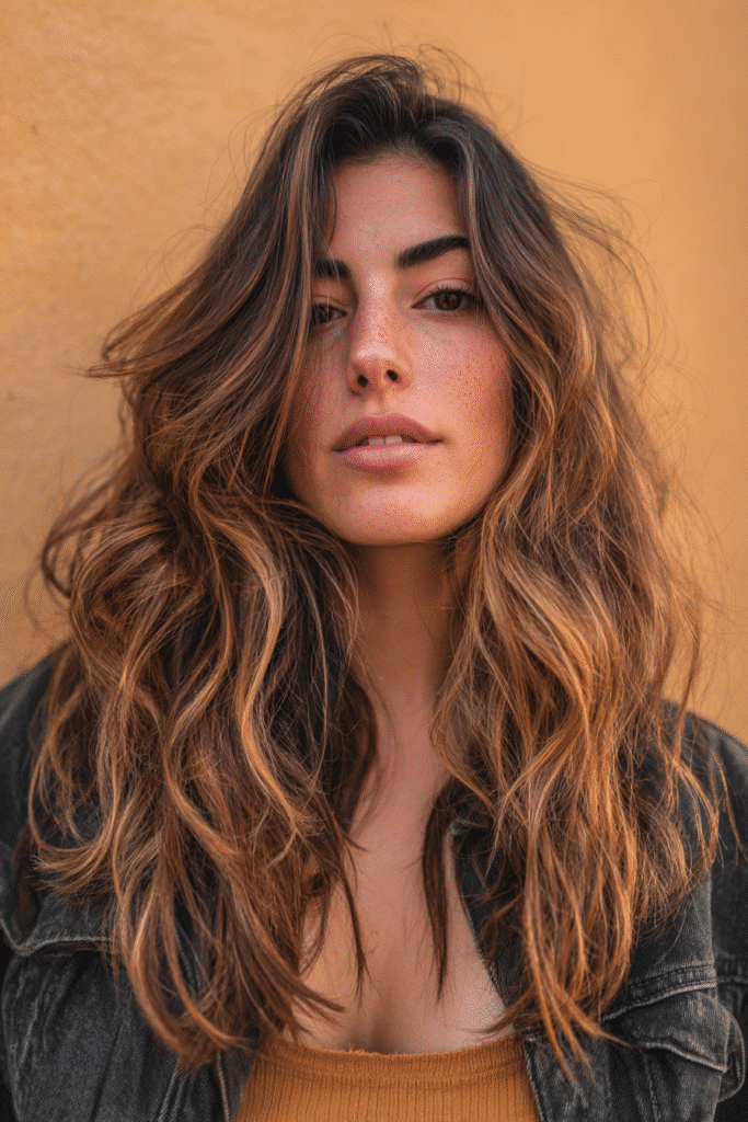 A vibrant female model in her 20s with shoulder-to-waist-length hair, styled in an ash brown balayage with cool-toned highlights, captured in a close-up shot focusing on the hair, photographed against a seamless warm amber backdrop with a matte finish. She has subtle makeup, a trendy outfit, a warm skin tone, and a confident expression, captured with warm natural lighting and a soft glow.