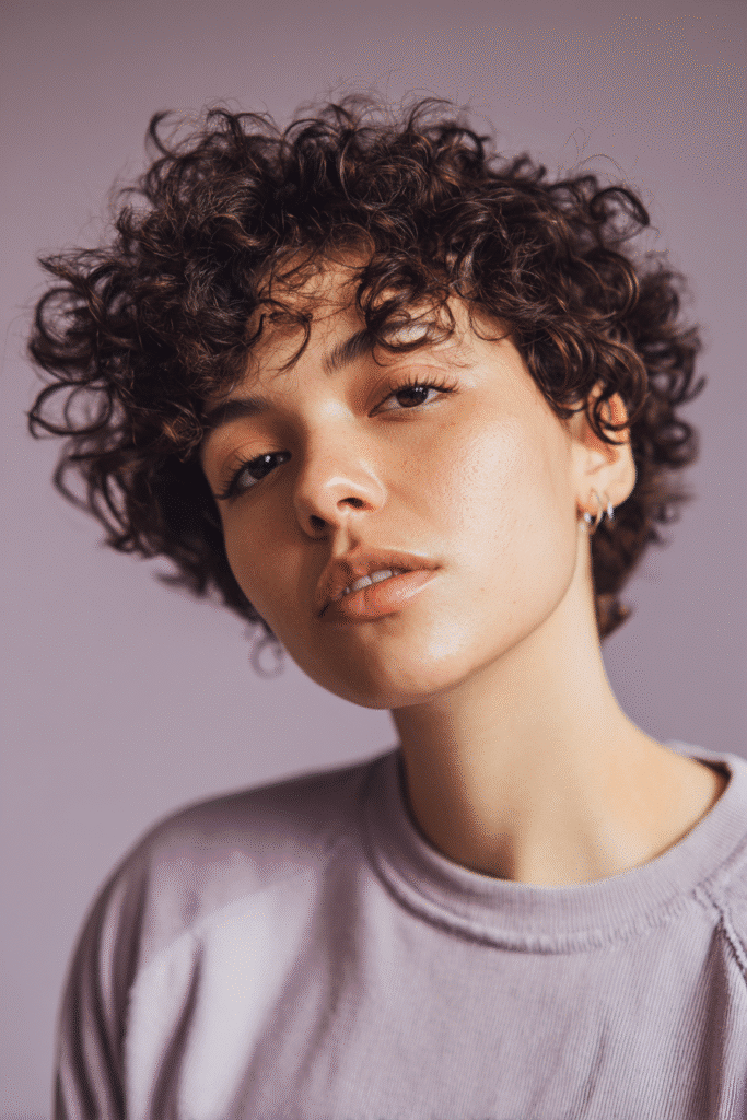 A vibrant young woman in her 20s with natural skin tone, showcasing a curly hairstyle for short hair with an asymmetric curly bob inspired by Halle Berry, featuring tight curls and uneven length, captured in a close-up shot focusing on the hair, photographed against a seamless soft lavender backdrop with a matte finish. She has subtle makeup, a trendy full-sleeve outfit, realistic hair texture, warm skin tone, and a confident expression, captured with soft natural lighting and an Instagram-style beauty vibe.