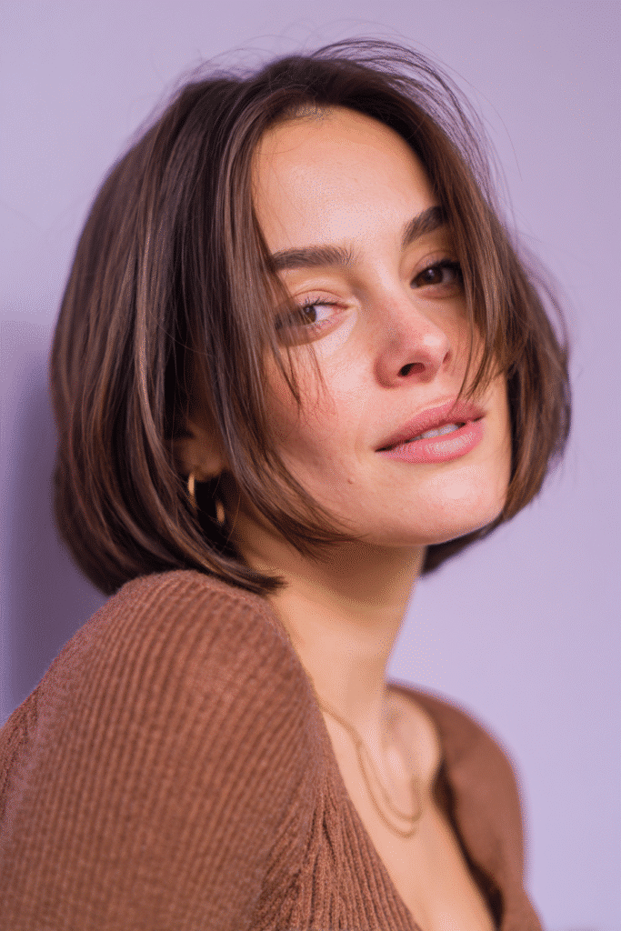 A vibrant American female model with thin hair, showcasing a Bob Cut For Thin Hair with an asymmetrical bob and chocolate brown for a unique shape, captured in a close-up shot focusing on the hair, photographed against a seamless soft lavender backdrop with a matte finish. She has subtle makeup, an elegant outfit, realistic hair texture, warm skin tone, and a friendly expression, captured with soft natural lighting and an Instagram-style beauty vibe.