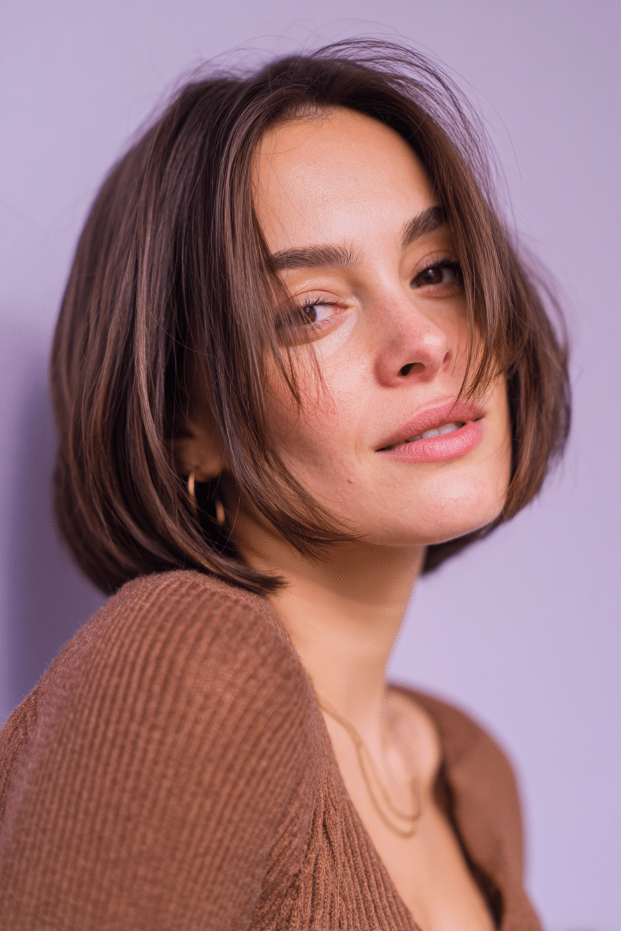 A vibrant American female model with thin hair, showcasing a Bob Cut For Thin Hair with an asymmetrical bob and chocolate brown for a unique shape, captured in a close-up shot focusing on the hair, photographed against a seamless soft lavender backdrop with a matte finish. She has subtle makeup, an elegant outfit, realistic hair texture, warm skin tone, and a friendly expression, captured with soft natural lighting and an Instagram-style beauty vibe.