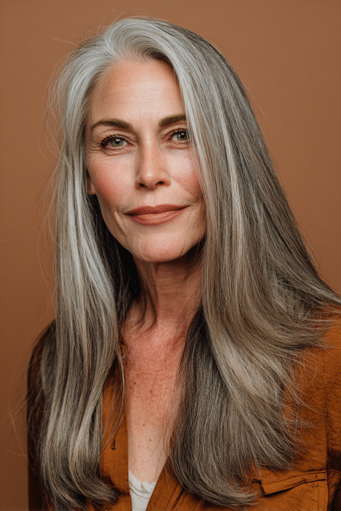 A trendy asymmetrical long haircut with straight strands, where one side is slightly longer than the other. The look is chic and modern, shot with soft studio light for balance.