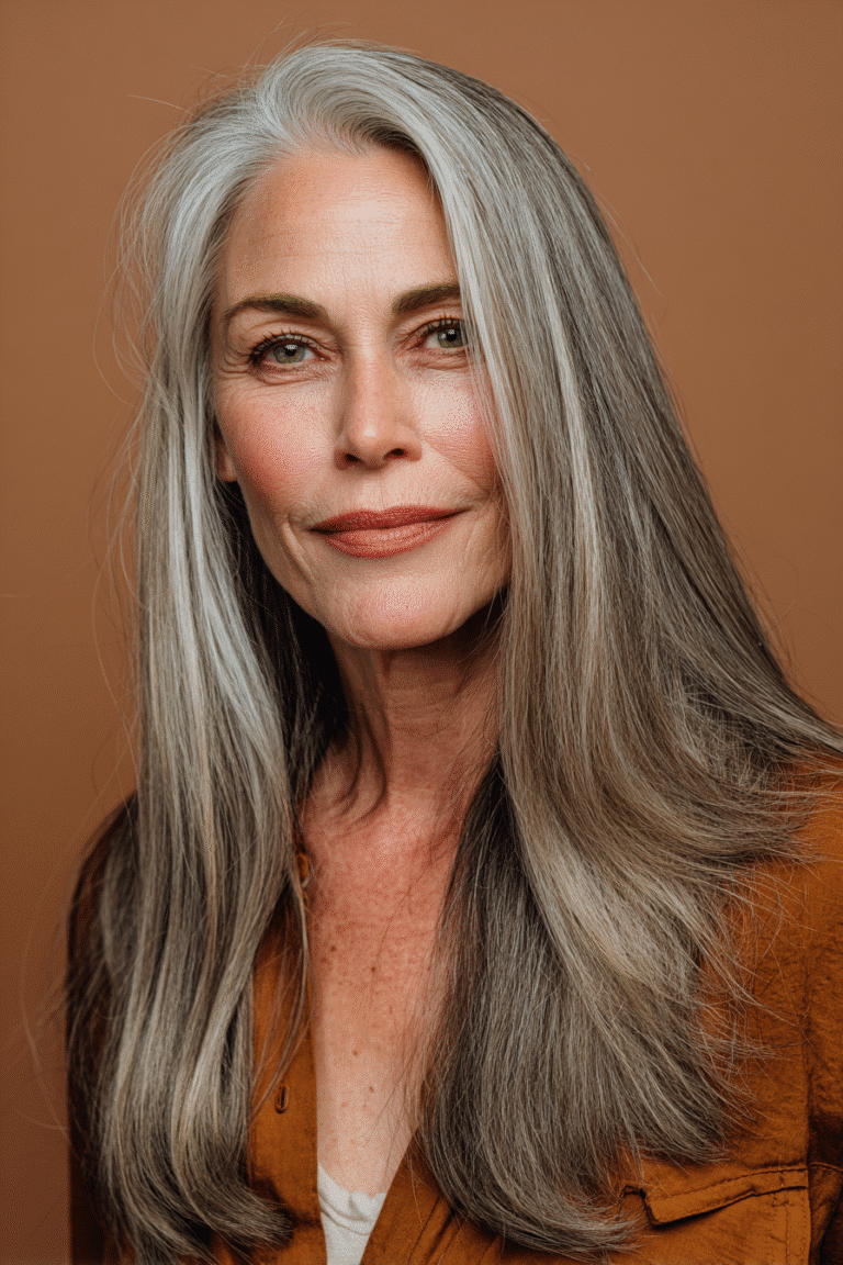 A trendy asymmetrical long haircut with straight strands, where one side is slightly longer than the other. The look is chic and modern, shot with soft studio light for balance.