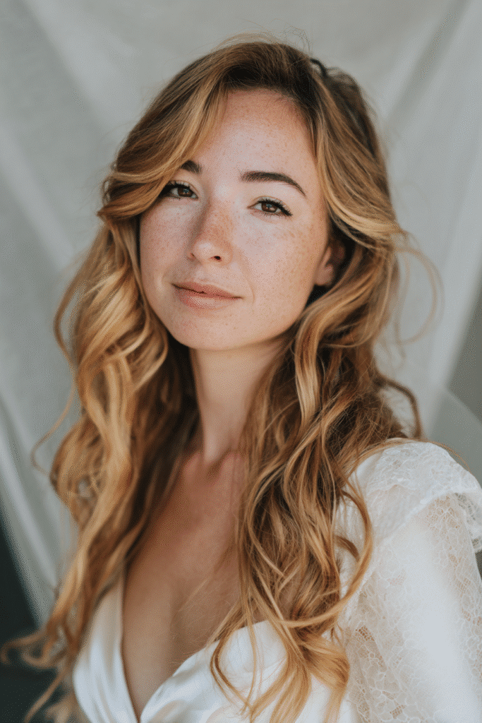 A gorgeous young bride with a natural look displaying loose beachy waves cascading down long hair in a soft sandy blonde shade, wearing an elegant full-length wedding dress with satin long sleeves, radiant expression, warm skin tone, against a seamless soft linen backdrop with a matte finish.