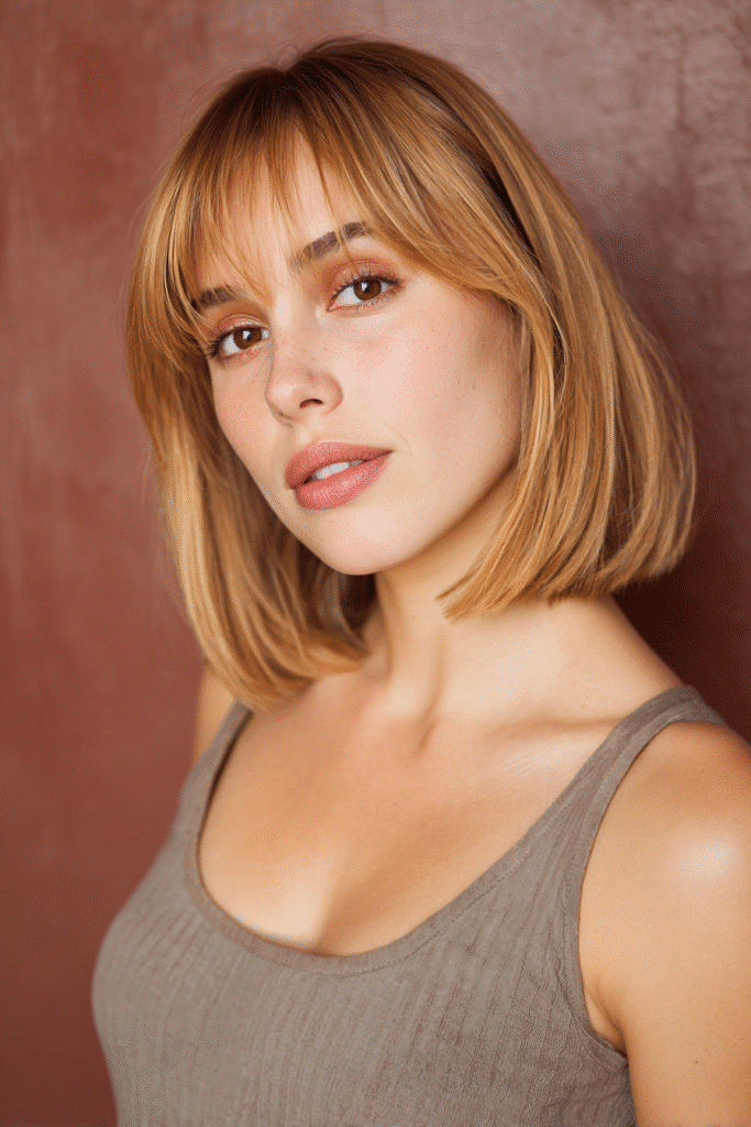A vibrant American female model with thin hair, showcasing a Bob Cut For Thin Hair with a blunt bob and honey blonde tones for a sleek finish, captured in a close-up shot focusing on the hair, photographed against a seamless warm plum backdrop with a satin finish. She has subtle makeup, an elegant outfit, realistic hair texture, warm skin tone, and a friendly expression, captured with soft natural lighting and an Instagram-style beauty vibe.