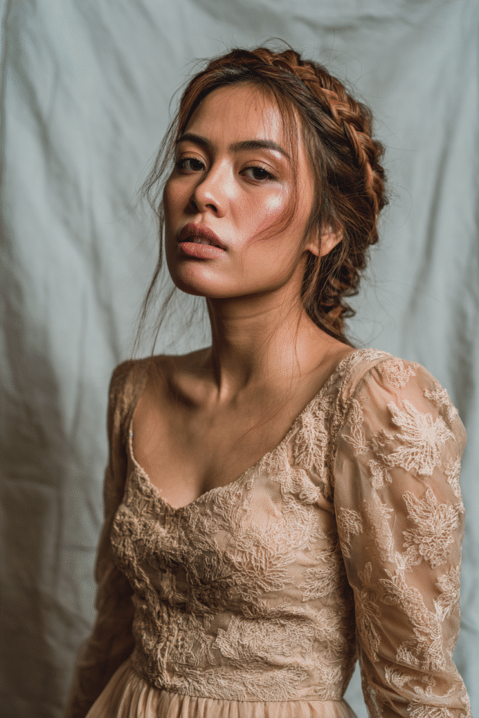 A gorgeous young bride with a natural look featuring an intricate boho braided crown with soft beige accents in a warm brown shade, wearing an elegant full-length wedding dress with lace long sleeves, radiant expression, warm skin tone, against a seamless soft linen backdrop with a matte finish.