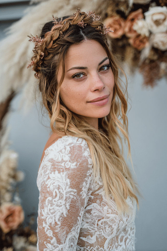 A gorgeous young Black American bride with an intricate boho braided crown featuring soft rose gold accents in a deep espresso shade, wearing an elegant full-length winter wedding dress with bohemian lace long sleeves, radiant expression, warm skin tone, against a seamless soft linen backdrop with a matte finish, dried flower accents in a winter mood.