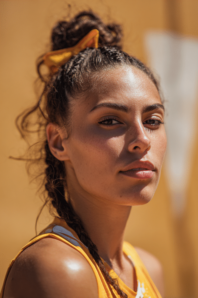 A vibrant female athlete in her 20s with shoulder-to-waist-length hair, styled in a boxer braids updo with a decorative bow for added style, captured in a close-up shot focusing on the hair, photographed against a seamless warm amber backdrop with a matte finish. She has subtle makeup, a volleyball uniform, a warm skin tone, and a confident expression, captured with bright natural lighting and a sporty vibe.