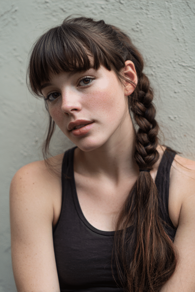 A young American female model with a warm skin tone and friendly expression, showcasing a braided accent ponytail with long bangs hairstyle. The hair is straight, natural brown, styled in a sleek ponytail with a detailed braided accent and long, flowing bangs, set against a textured plaster backdrop with minimal texture. She wears subtle makeup and a trendy casual outfit, captured in soft natural lighting for an Instagram-style beauty photo.