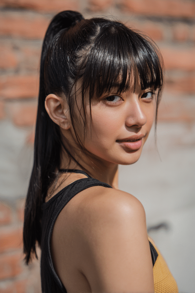 A young American female model with a warm skin tone and friendly expression, showcasing a braided base ponytail with straight-across bangs hairstyle. The hair is straight, natural black, styled with a braided base leading into a sleek ponytail and straight-across bangs, set against an urban brick wall backdrop with minimal texture. She wears subtle makeup and a trendy casual outfit, captured in soft natural lighting for an Instagram-style beauty photo.