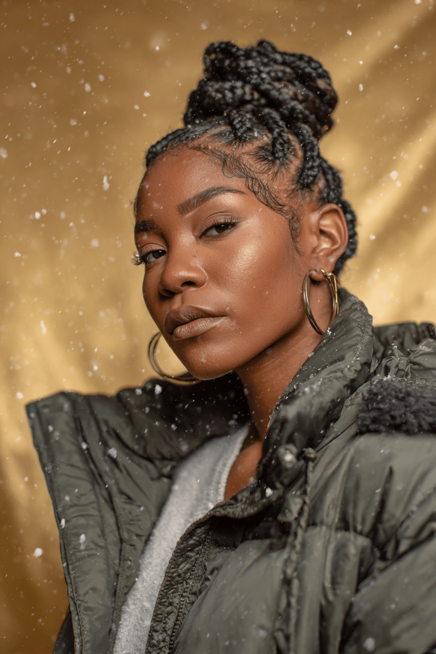 A vibrant female model in her 20s with shoulder-to-waist-length hair, styled in a braided crown with a protective circular pattern, captured in a close-up shot focusing on the hair, photographed against a seamless warm gold backdrop with a glossy sheen. She has subtle makeup, a stylish winter coat, a warm skin tone, and a confident expression, captured with cozy winter lighting and soft snowflakes.