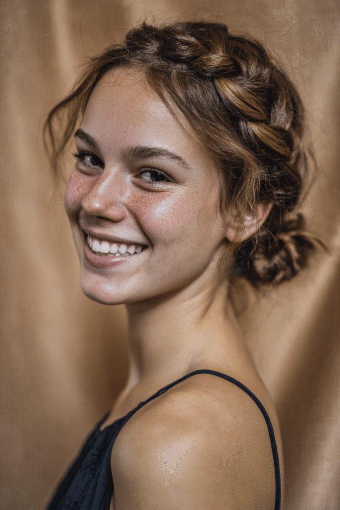 A gorgeous young female model in her 20s with natural skin tone, showcasing a prom hairstyle for short hair with a braided faux updo for neck-length hair, featuring intricate braids for volume, captured in a close-up shot focusing on the hair, photographed against a seamless warm bronze backdrop with satin texture. She has subtle makeup, an elegant full-shirt prom dress, realistic hair texture, warm skin tone, and a friendly expression, captured with soft natural lighting and an Instagram-style beauty vibe.