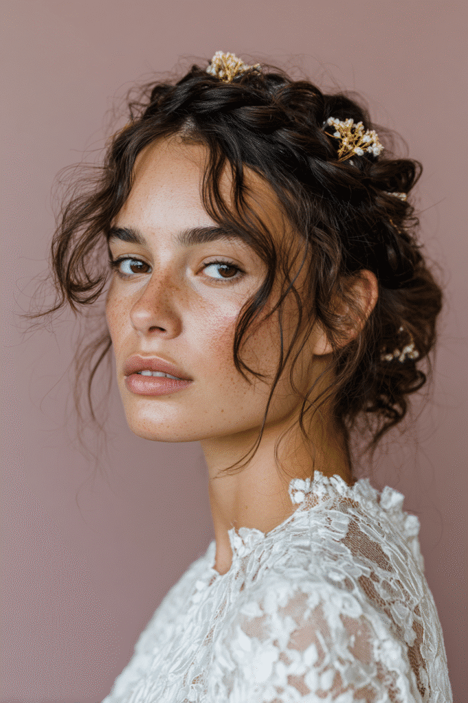 A stunning young female model in her 20s with natural skin tone, showcasing a messy bun hairstyle for wedding with a braided messy bun with floral pins, featuring braided details and floral pins, captured in a close-up shot focusing on the hair, photographed against a seamless warm lavender backdrop with a satin finish. She has subtle wedding makeup, an elegant full-sleeve wedding gown, realistic hair texture, warm skin tone, and a serene expression, captured with soft natural lighting and an Instagram-style beauty vibe.