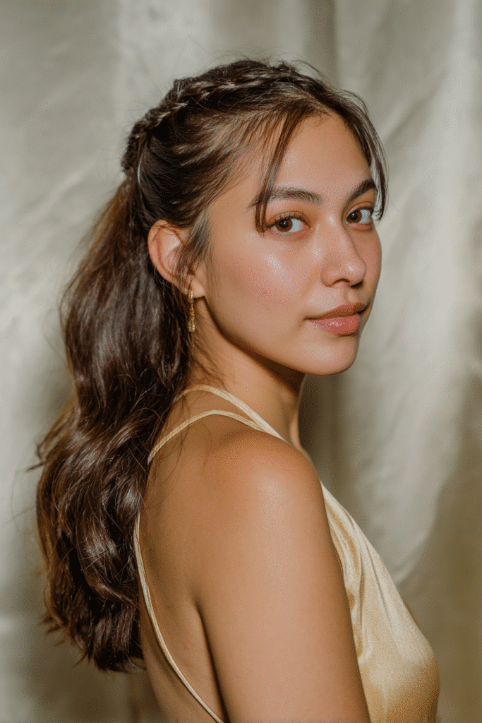 A stunning young woman in her 20s with natural skin tone, showcasing a homecoming hairstyle for medium hair with a braided mid-pony, featuring a mid-length ponytail with a braid using medium-length hair, captured in a close-up shot focusing on the hair, photographed against a seamless light gold backdrop with a glossy sheen. She has subtle makeup, a chic homecoming dress, realistic hair texture, warm skin tone, and a confident expression, captured with soft natural lighting and an Instagram-style beauty vibe.