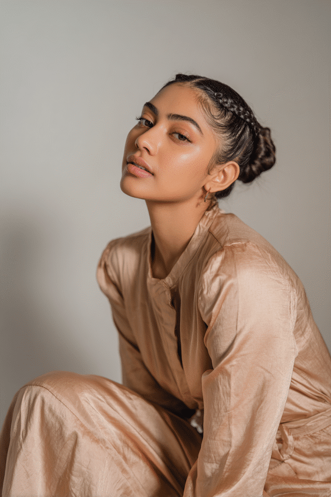 A gorgeous young woman with a natural look showcasing a sleek braided bun in a light caramel shade, wearing an elegant full-length dress with satin long sleeves, radiant expression, warm skin tone, against a seamless soft linen backdrop with a matte finish.