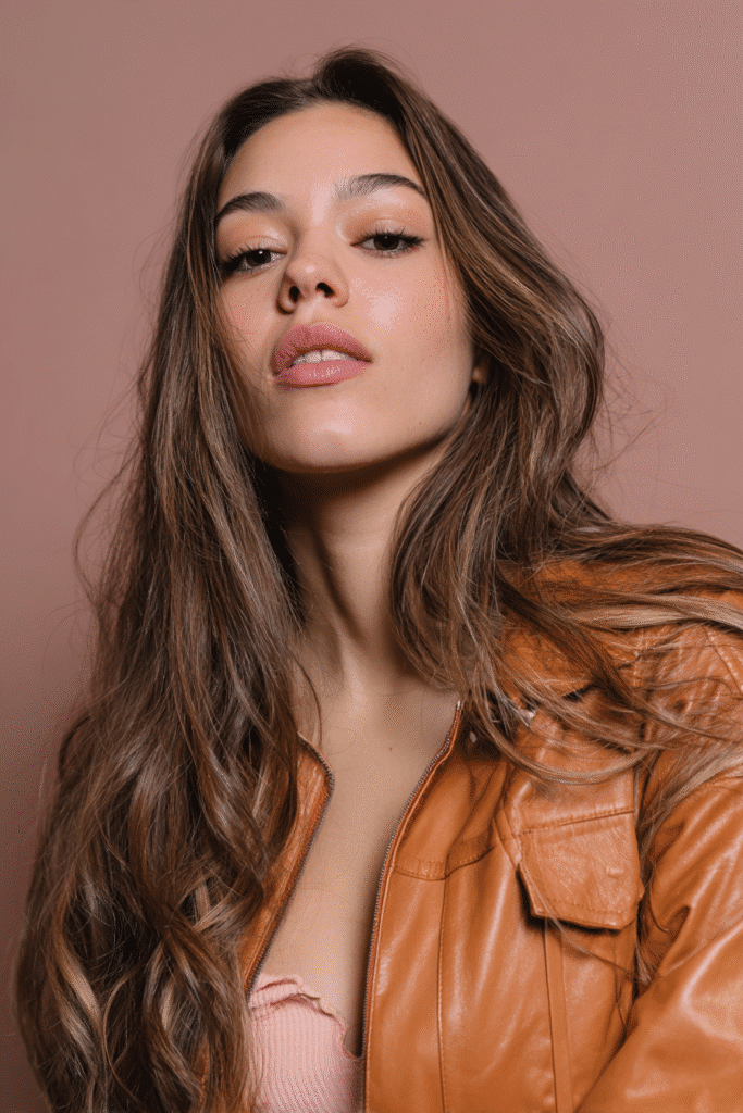 A vibrant female model in her 20s with shoulder-to-waist-length hair, styled in a bronde balayage with blonde-brown blended highlights, captured in a close-up shot focusing on the hair, photographed against a seamless soft mauve backdrop with a glossy sheen. She has subtle makeup, a trendy outfit, a warm skin tone, and a confident expression, captured with warm natural lighting and a soft glow.