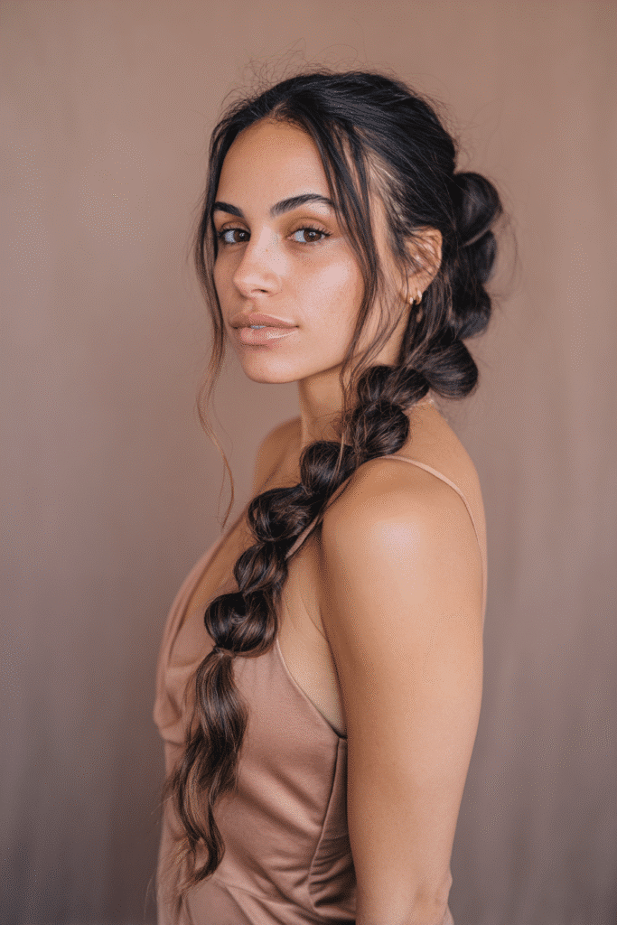 A stunning young woman in her 20s with natural skin tone, showcasing a homecoming hairstyle with a bubble braid, featuring bubble-like sections in a braid, captured in a close-up shot focusing on the hair, photographed against a seamless soft taupe backdrop with a satin finish. She has subtle makeup, a chic homecoming dress, realistic hair texture, warm skin tone, and a confident expression, captured with soft natural lighting and an Instagram-style beauty vibe.
