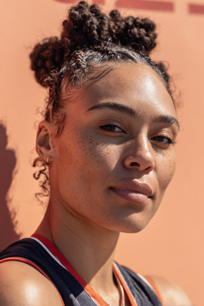 A vibrant female athlete in her 20s with short hair, styled in bubble braids with puffed sections for style, captured in a close-up shot focusing on the hair, photographed against a seamless warm peach backdrop with a matte finish. She has subtle makeup, a volleyball uniform, a warm skin tone, and a confident expression, captured with bright natural lighting and a sporty vibe.