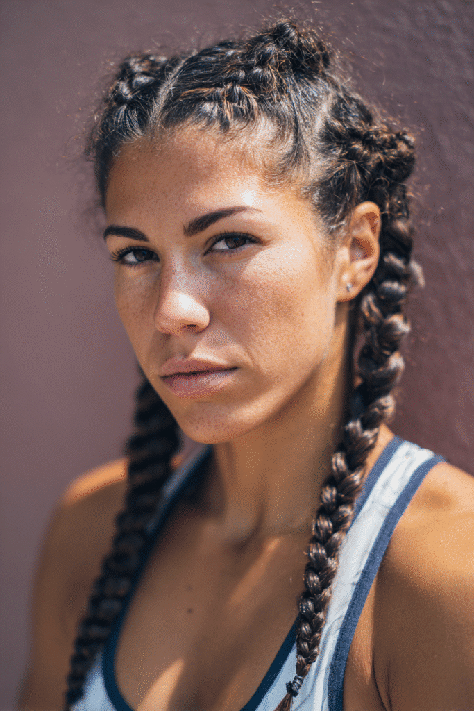 A vibrant female athlete in her 20s with shoulder-to-waist-length hair, styled in a bubble braids ponytail with puffed sections, captured in a close-up shot focusing on the hair, photographed against a seamless warm violet backdrop with a matte finish. She has subtle makeup, a volleyball uniform, a warm skin tone, and a confident expression, captured with bright natural lighting and a sporty vibe.