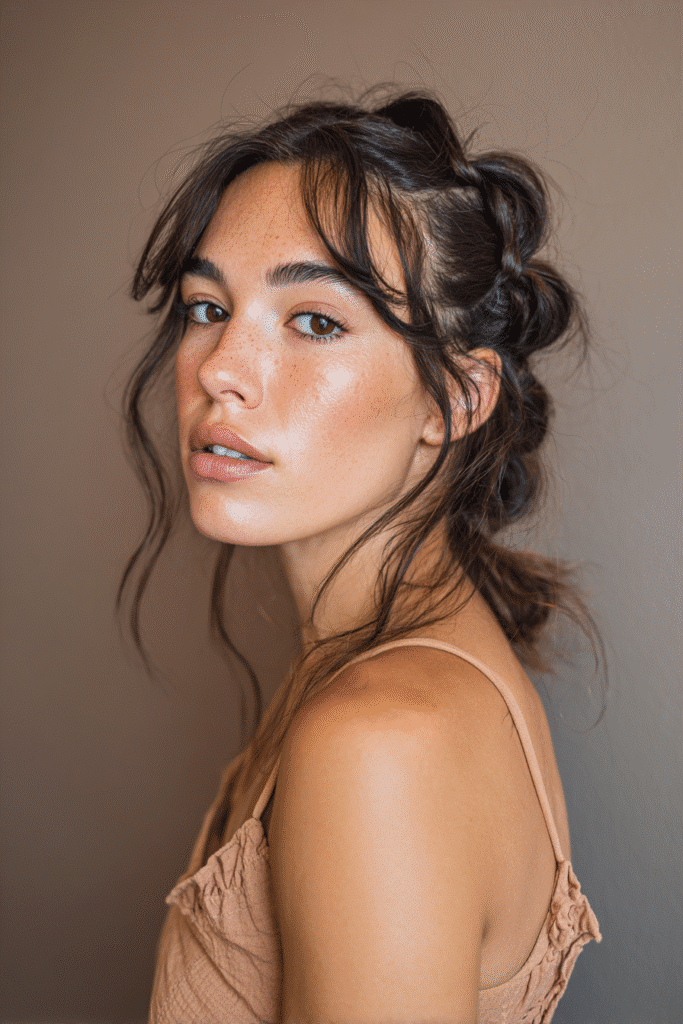 A stunning young woman in her 20s with natural skin tone, showcasing a homecoming hairstyle for medium hair with a bubble half-up style, featuring a half-up style with bubble braid details using medium-length hair, captured in a close-up shot focusing on the hair, photographed against a seamless soft taupe backdrop with a satin finish. She has subtle makeup, a chic homecoming dress, realistic hair texture, warm skin tone, and a confident expression, captured with soft natural lighting and an Instagram-style beauty vibe.