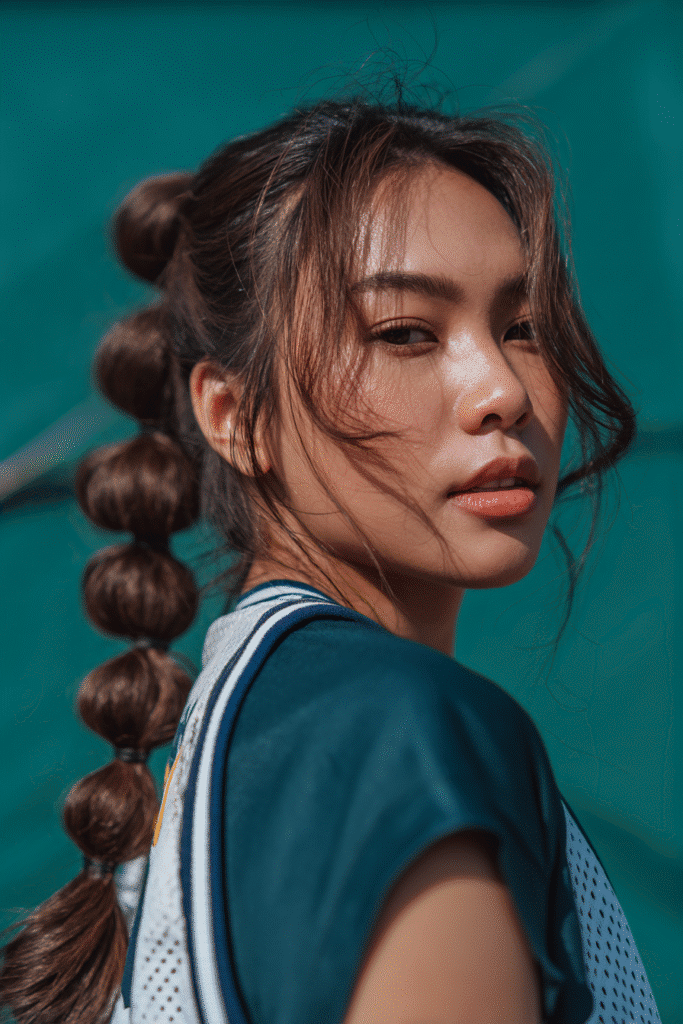 A vibrant female athlete in her 20s with shoulder-to-waist-length hair, styled in a bubble ponytail with distinct, evenly spaced bubbles created by elastic bands along the length for a secure and playful hold, captured in a close-up shot focusing on the hair, photographed against a seamless deep teal backdrop with a smooth surface. She has subtle makeup, a volleyball uniform, a warm skin tone, and a confident expression, captured with bright natural lighting and a sporty vibe.