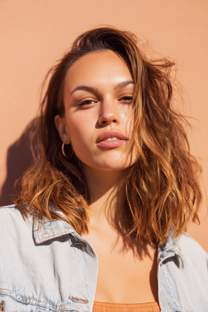 A vibrant female model in her 20s with shoulder-to-waist-length hair, styled in a California brunette balayage with sunlit golden highlights, captured in a close-up shot focusing on the hair, photographed against a seamless light coral backdrop with a smooth surface. She has subtle makeup, a trendy outfit, a warm skin tone, and a confident expression, captured with warm natural lighting and a soft glow.