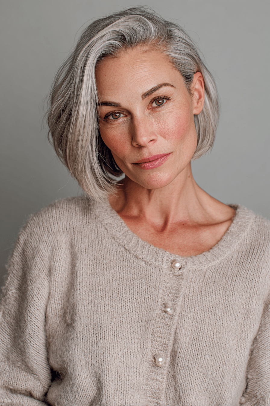 An elegant woman over 50 with a warm skin tone and poised expression, showcasing Cate Blanchett's side-part bob hairstyle for bob hairstyles for women over 50. The hair is a sleek side-part bob with shine, colored ash blonde, styled with a cashmere turtleneck sweater. Captured in soft natural lighting with subtle makeup, set against a soft gray fabric backdrop with minimal texture for an Instagram-style beauty photo.