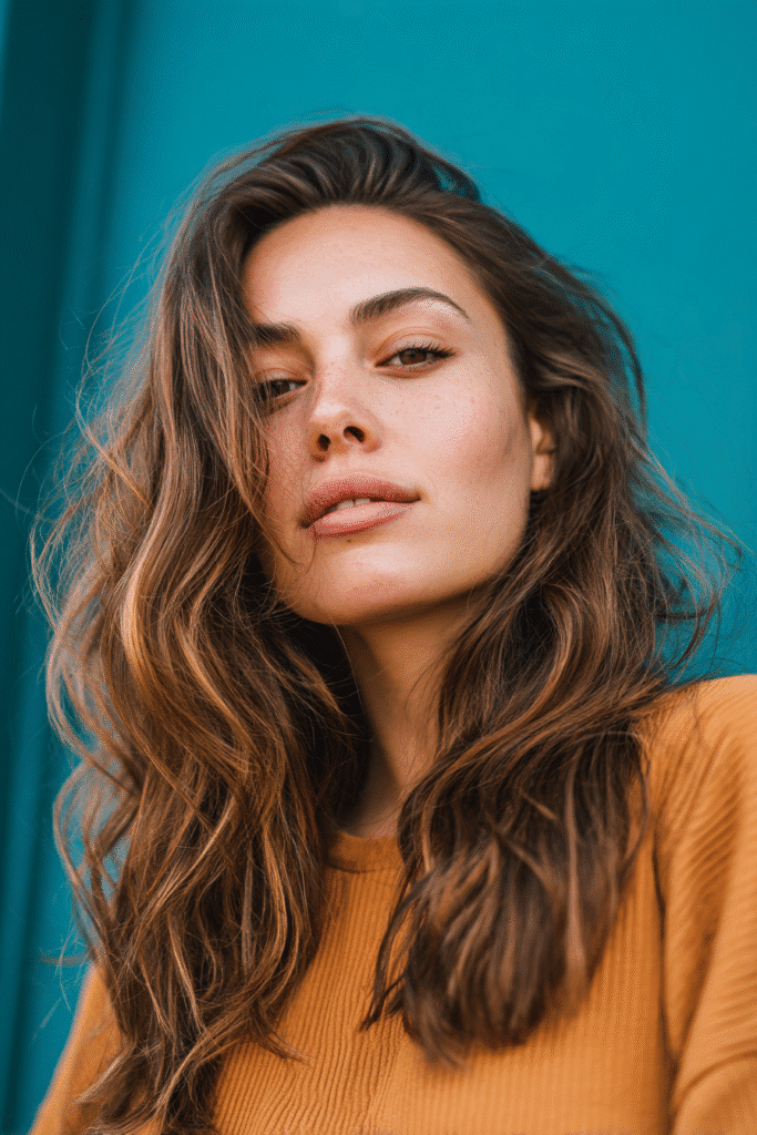 A vibrant female model in her 20s with shoulder-to-waist-length hair, styled in a chocolate melt balayage with rich gradient highlights, captured in a close-up shot focusing on the hair, photographed against a seamless deep teal backdrop with a smooth surface. She has subtle makeup, a trendy outfit, a warm skin tone, and a confident expression, captured with warm natural lighting and a soft glow.