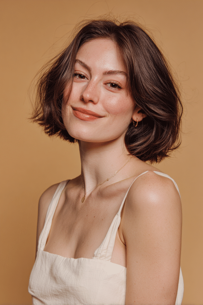 A vibrant American female model with thin hair, showcasing a Bob Cut For Thin Hair with a choppy inverted bob and ash brown to create texture, captured in a close-up shot focusing on the hair, photographed against a seamless warm beige backdrop with a silky texture. She has subtle makeup, an elegant outfit, realistic hair texture, warm skin tone, and a friendly expression, captured with soft natural lighting and an Instagram-style beauty vibe.