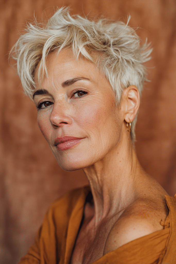 A vibrant American female model over 70 with a distinctly older appearance, showcasing a Blonde Hairstyle For Women Over 70 with a choppy pixie and volume at the crown in blonde with silver strands, captured in a close-up shot focusing on the hair, photographed against a seamless warm cinnamon backdrop with a silky finish. She has subtle makeup with deeper wrinkles visible, an elegant outfit, realistic hair texture, warm skin tone, and a friendly expression, captured with soft natural lighting and an Instagram-style beauty vibe.