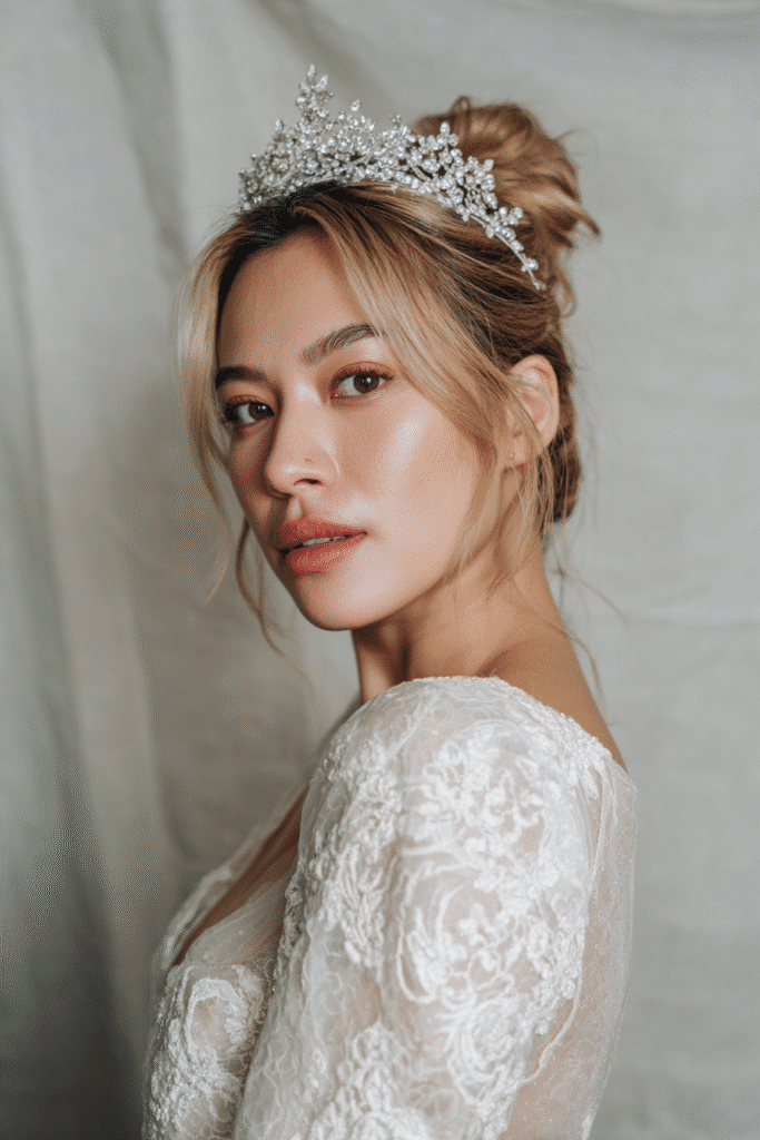 A gorgeous young bride with a natural look displaying an elegant low bun with a sparkling tiara in a light blonde shade, wearing an elegant full-length wedding dress with satin long sleeves, radiant expression, warm skin tone, against a seamless soft linen backdrop with a matte finish.