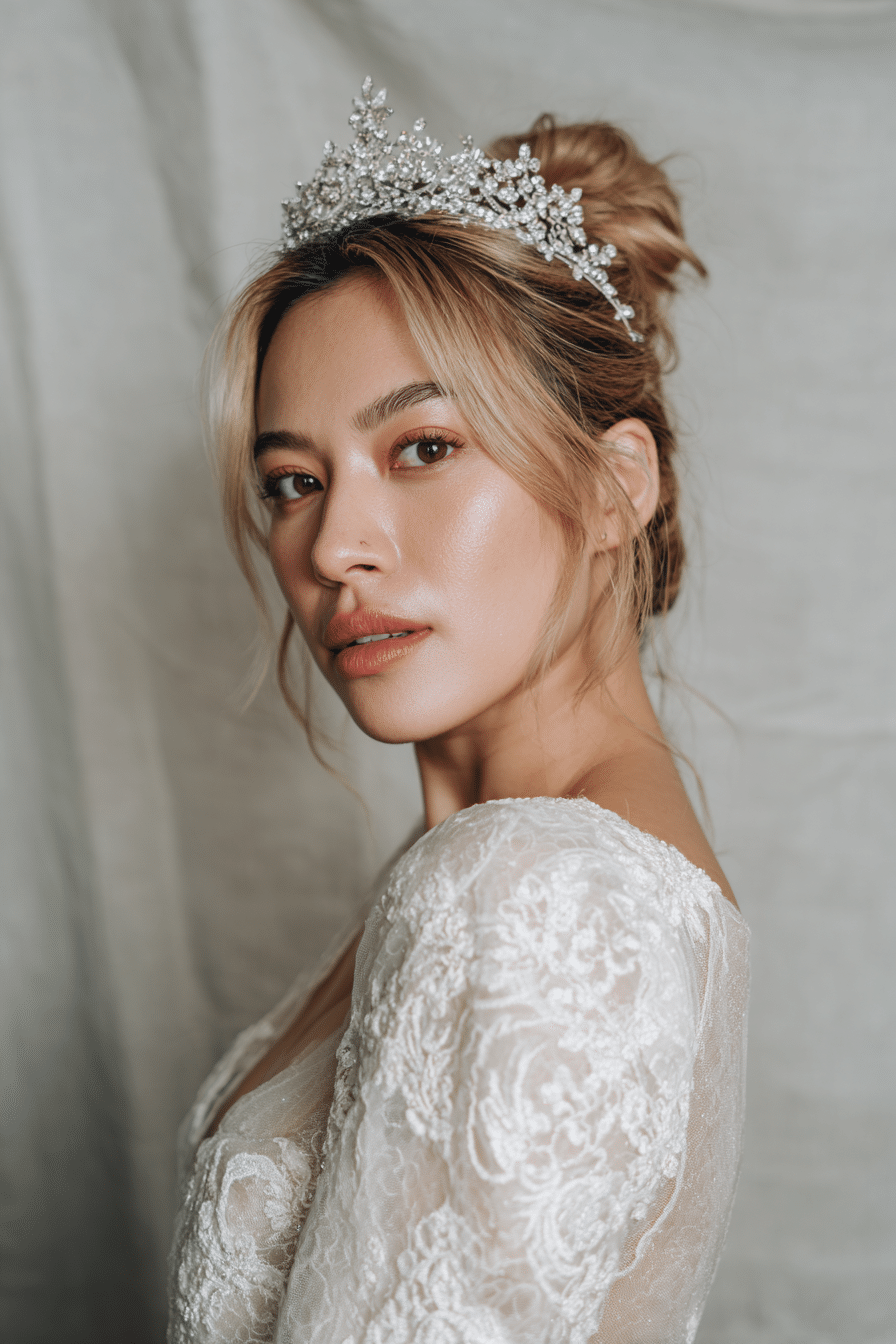 A gorgeous young bride with a natural look displaying an elegant low bun with a sparkling tiara in a light blonde shade, wearing an elegant full-length wedding dress with satin long sleeves, radiant expression, warm skin tone, against a seamless soft linen backdrop with a matte finish.