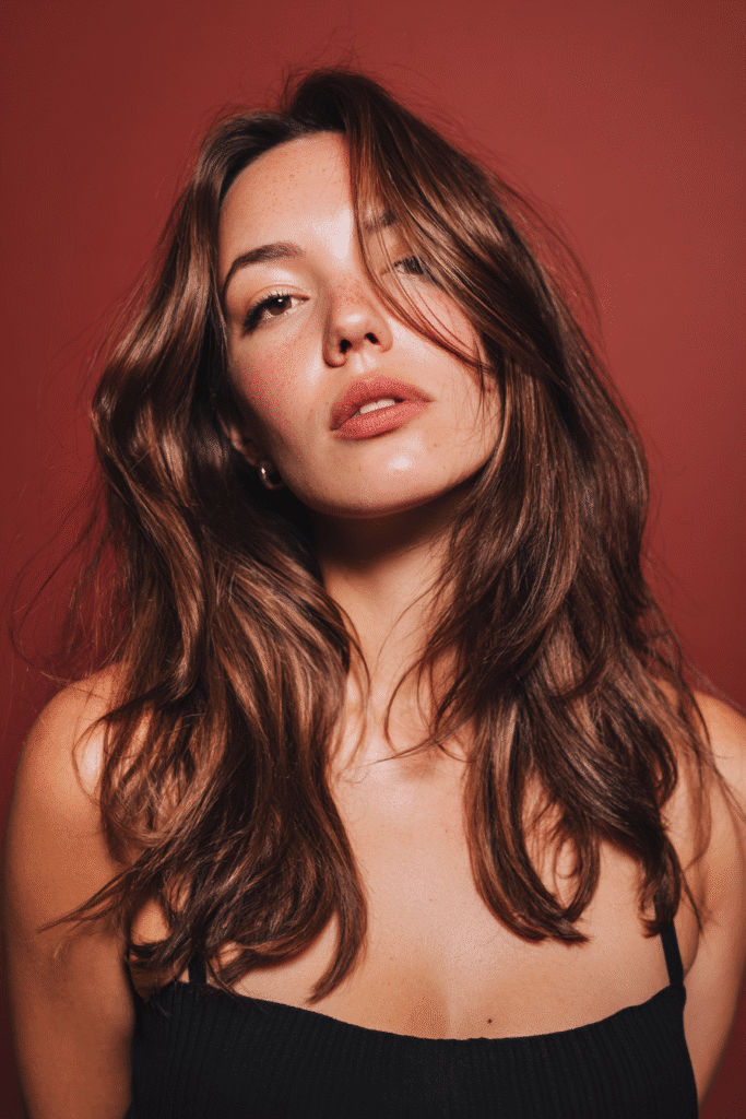 A vibrant female model in her 20s with shoulder-to-waist-length hair, styled in a classic brunette balayage with timeless highlights, captured in a close-up shot focusing on the hair, photographed against a seamless warm ruby backdrop with a matte finish. She has subtle makeup, a trendy outfit, a warm skin tone, and a confident expression, captured with warm natural lighting and a soft glow.