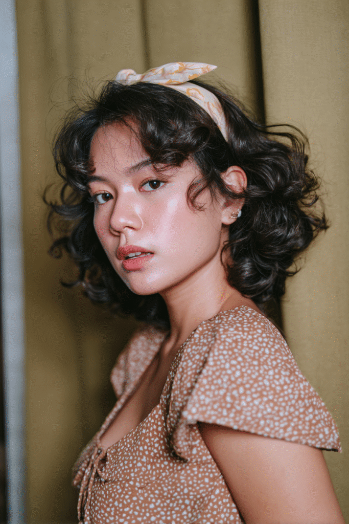 A stunning young woman in her 20s with natural skin tone, showcasing a homecoming hairstyle for medium hair with classic curls with headband, featuring classic curls accented with a headband using medium-length hair, captured in a close-up shot focusing on the hair, photographed against a seamless warm sage backdrop with a glossy sheen. She has subtle makeup, a chic homecoming dress, realistic hair texture, warm skin tone, and a confident expression, captured with soft natural lighting and an Instagram-style beauty vibe.