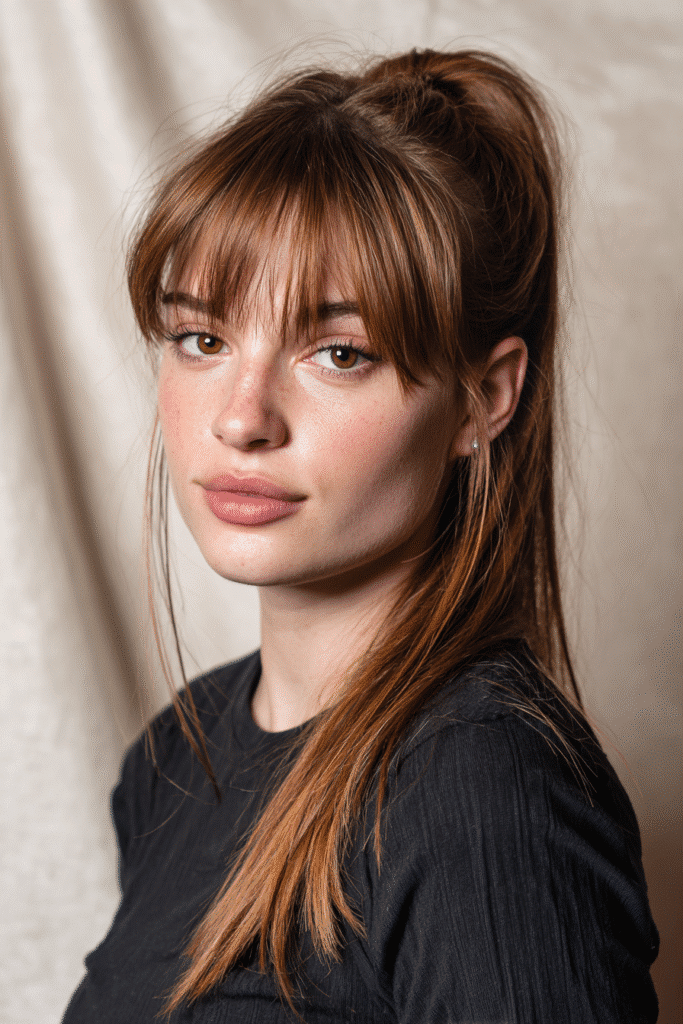 A young American female model with a warm skin tone and friendly expression, showcasing a Classic High Straight Ponytail with Blunt Bangs hairstyle. The hair is sleek yaki straight texture, set against a seamless white backdrop with minimal texture. She wears subtle makeup and a trendy casual outfit, captured in soft natural lighting for an Instagram-style beauty photo.