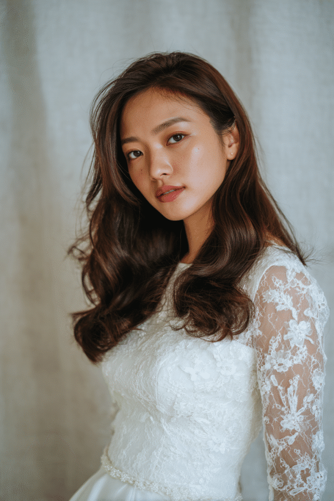 A gorgeous young bride with a natural look featuring elegant Hollywood waves cascading down long hair in a soft chestnut shade, wearing an elegant full-length wedding dress with lace long sleeves, radiant expression, warm skin tone, against a seamless soft linen backdrop with a matte finish.