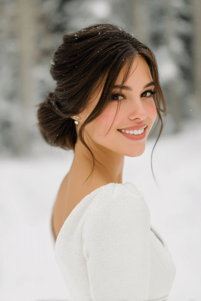 A gorgeous young Black American bride with a sleek low chignon hairstyle featuring a frosty silver accent pin in a deep ebony shade, wearing an elegant full-length winter wedding dress with long lace sleeves, radiant expression, warm skin tone, against a seamless soft linen backdrop with a matte finish, subtle snowflake-inspired winter details.