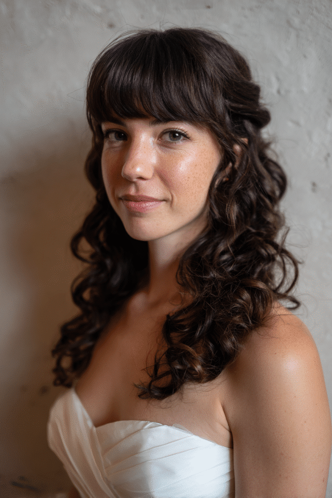 A gorgeous young American bride with a warm skin tone and friendly expression, showcasing classic side bangs with curls wedding hairstyle. The hair features bouncy curls with classic side bangs, colored dark brunette, styled elegantly. She is dressed in an elegant bridal gown, captured in soft natural lighting with subtle makeup, set against a textured plaster backdrop with minimal texture for an Instagram-style beauty photo.