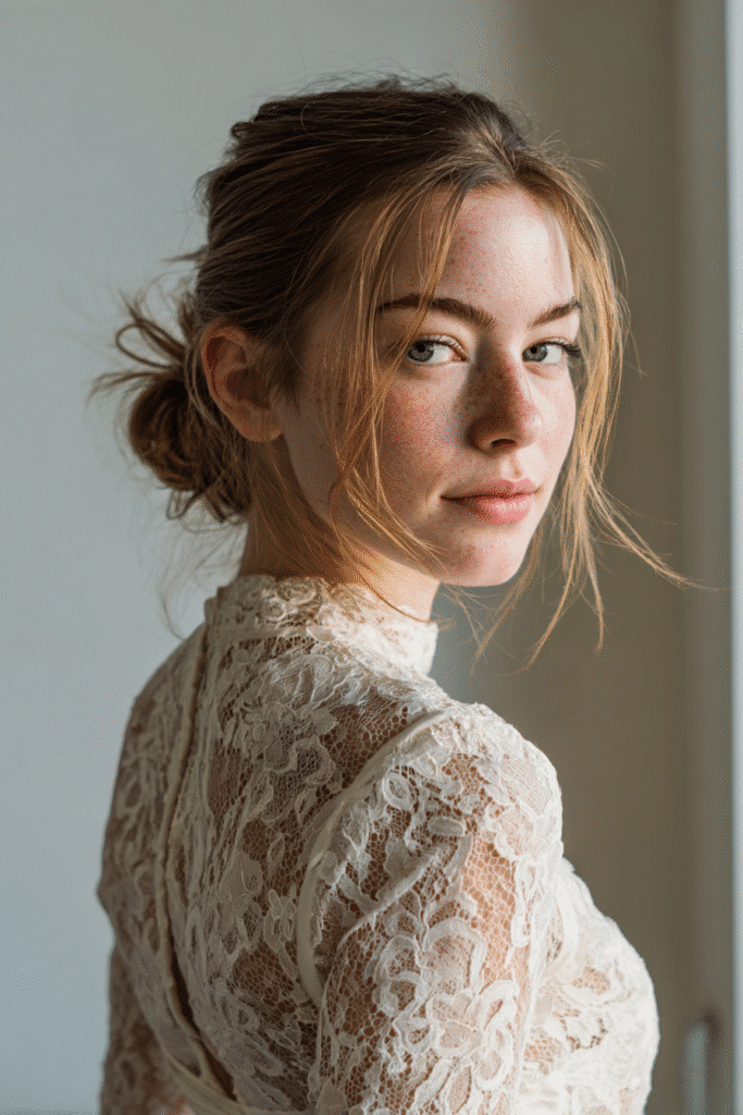 A gorgeous young woman with a natural look featuring a sleek classic slick back with a glossy finish in a soft blonde shade, wearing an elegant full-length dress with lace long sleeves, radiant expression, warm skin tone, against a seamless soft linen backdrop with a matte finish.