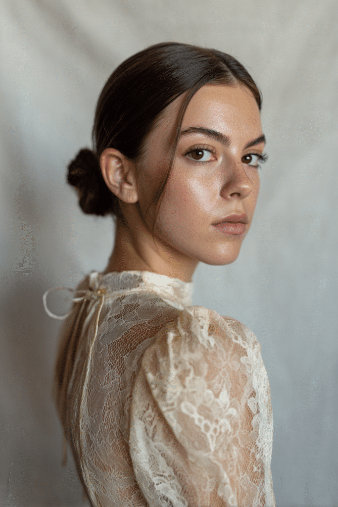 A gorgeous young woman with a natural look featuring a sleek classic slick back low bun with a glossy finish in a soft blonde shade, wearing an elegant full-length dress with lace long sleeves, radiant expression, warm skin tone, against a seamless soft linen backdrop with a matte finish.