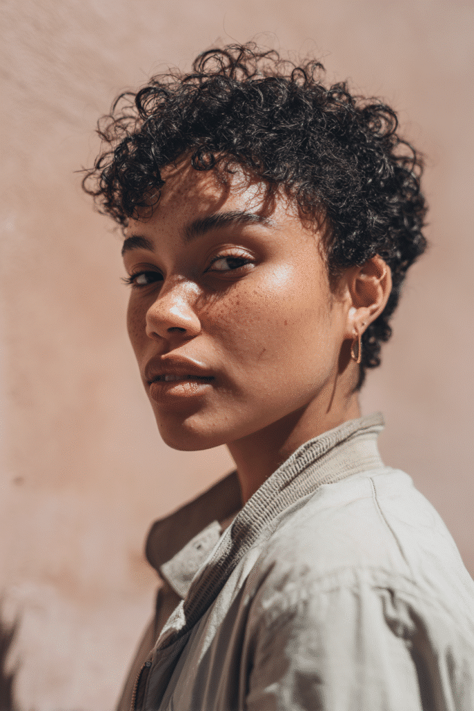 A vibrant young woman in her 20s with natural skin tone, showcasing a curly hairstyle for short hair with a coily pixie cut like Rihanna, featuring tight coils in a short pixie style, captured in a close-up shot focusing on the hair, photographed against a seamless light rose backdrop with a smooth texture. She has subtle makeup, a trendy full-sleeve outfit, realistic hair texture, warm skin tone, and a confident expression, captured with soft natural lighting and an Instagram-style beauty vibe.