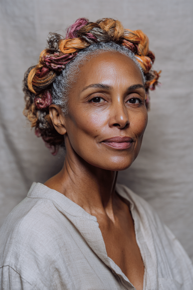 An elegant Black woman over 50 with a warm skin tone and friendly expression, showcasing colorful braided crown hairstyle for older Black women over 50. The hair features multicolored accents on a black base, set against a textured plaster backdrop with minimal texture. She wears subtle makeup and an elegant outfit suitable for mature women, captured in soft natural lighting for an Instagram-style beauty photo.