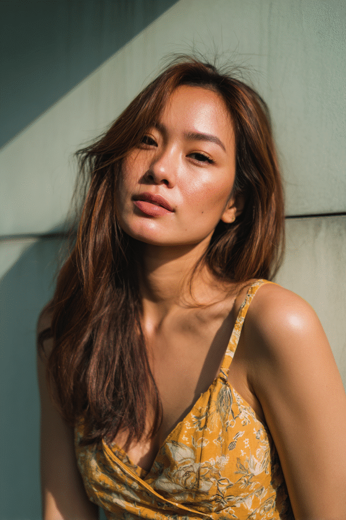 A vibrant female model in her 20s with shoulder-to-waist-length hair, styled in a cool brunette balayage with subtle icy highlights, captured in a close-up shot focusing on the hair, photographed against a seamless light sage backdrop with a glossy sheen. She has subtle makeup, a trendy outfit, a warm skin tone, and a confident expression, captured with warm natural lighting and a soft glow.