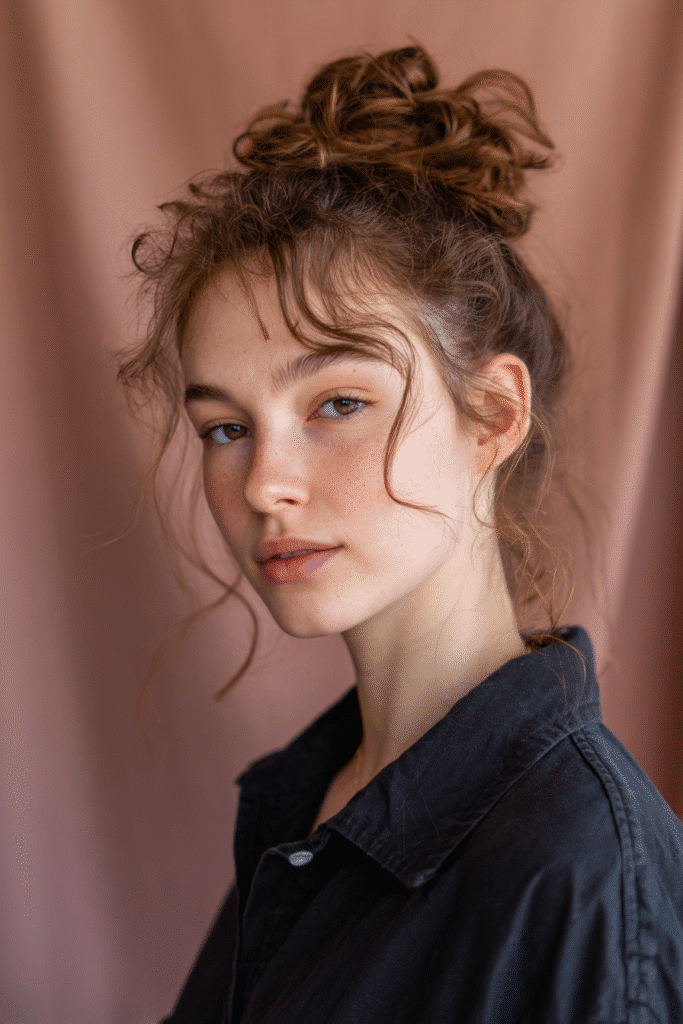 A vibrant young female model in her 20s with natural skin tone, showcasing a 90s messy updo with a crimped texture updo, featuring bold crimped texture for a 90s vibe, captured in a close-up shot focusing on the hair, photographed against a seamless soft plum backdrop with a matte finish. She has subtle makeup, a retro full-shirt 90s outfit, realistic hair texture, warm skin tone, and a friendly expression, captured with soft natural lighting and an Instagram-style beauty vibe.