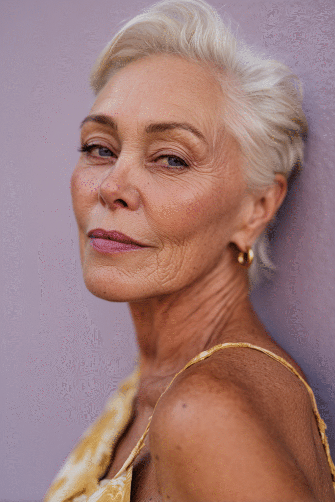 A vibrant American female model over 70 with a distinctly older appearance, showcasing a Blonde Hairstyle For Women Over 70 with a cropped cut and creamy blonde tones with silver blends, captured in a close-up shot focusing on the hair, photographed against a seamless soft lavender backdrop with a matte finish. She has subtle makeup with deeper wrinkles visible, an elegant outfit, realistic hair texture, warm skin tone, and a friendly expression, captured with soft natural lighting and an Instagram-style beauty vibe.