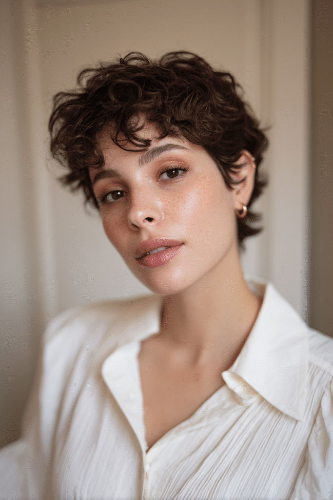 A gorgeous young female model in her 20s with natural skin tone, showcasing a prom hairstyle for short hair with a curled pixie and side part, featuring soft curls and volume, captured in a close-up shot focusing on the hair, photographed against a seamless soft ivory backdrop with minimal texture. She has subtle makeup, an elegant full-shirt prom dress, realistic hair texture, warm skin tone, and a friendly expression, captured with soft natural lighting and an Instagram-style beauty vibe.