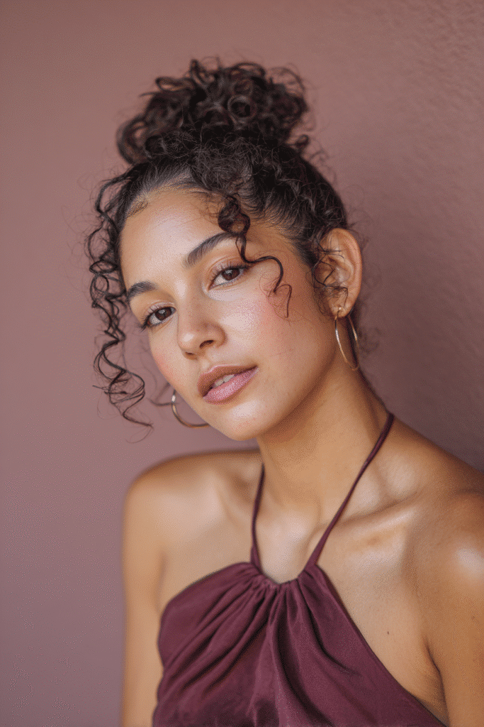 A stunning young woman in her 20s with natural skin tone, showcasing a homecoming hairstyle with curls pinned behind ears, featuring loose curls neatly pinned, captured in a close-up shot focusing on the hair, photographed against a seamless soft plum backdrop with a matte finish. She has subtle makeup, a chic homecoming dress, realistic hair texture, warm skin tone, and a confident expression, captured with soft natural lighting and an Instagram-style beauty vibe.